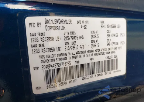 2002 Chrysler Town & Country Lx из США, поврежденный, VIN 2C4GP44372R710785